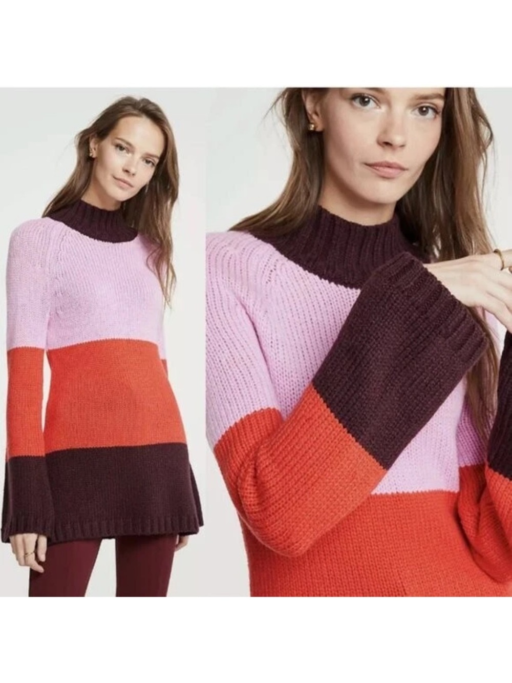 Ann Taylor Wool Mock Neck Stripe Tunic Sweater Size Medium Petite